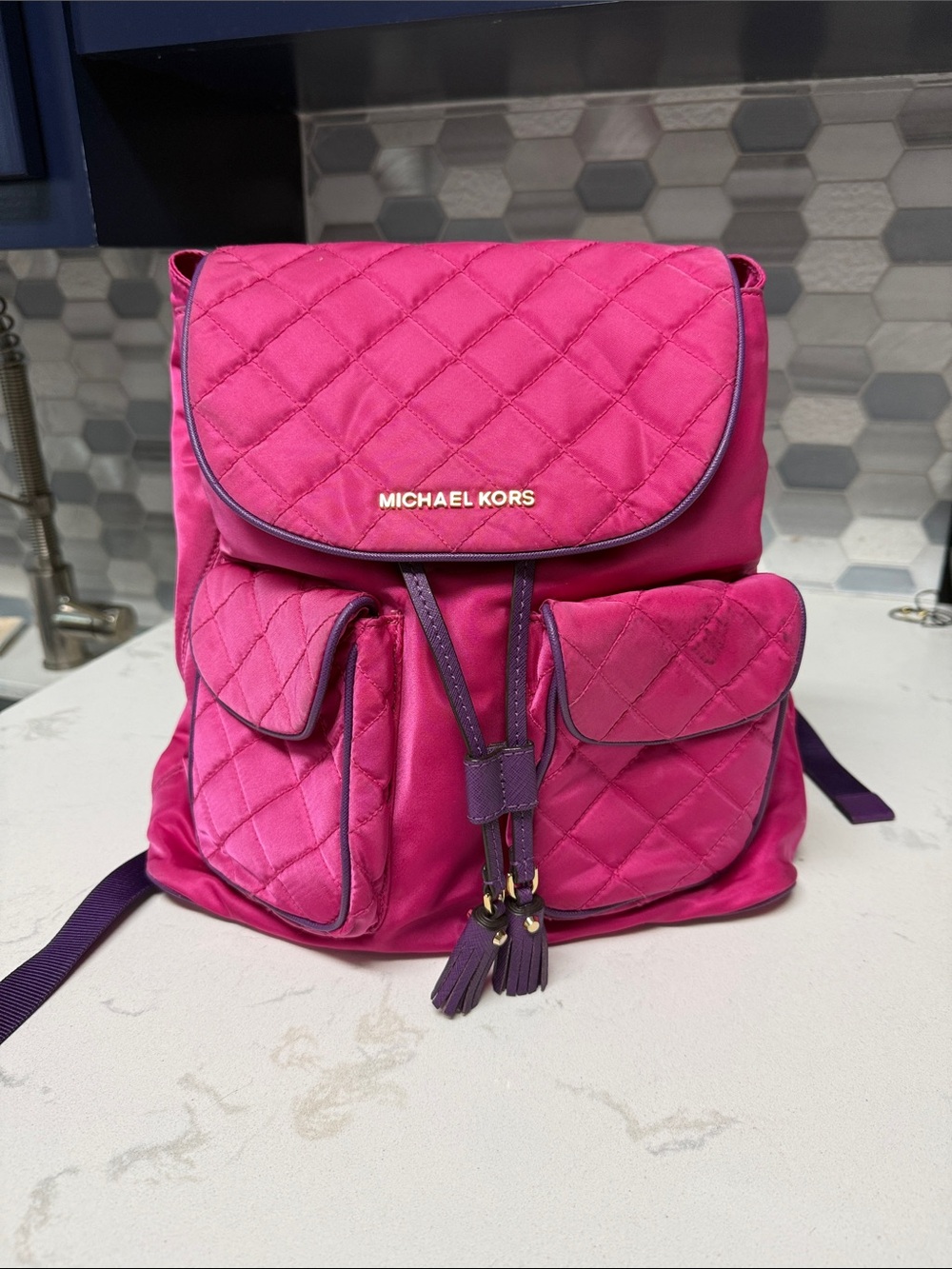 Michael Kors Hot Pink Quilted Backpack with Purple Trim